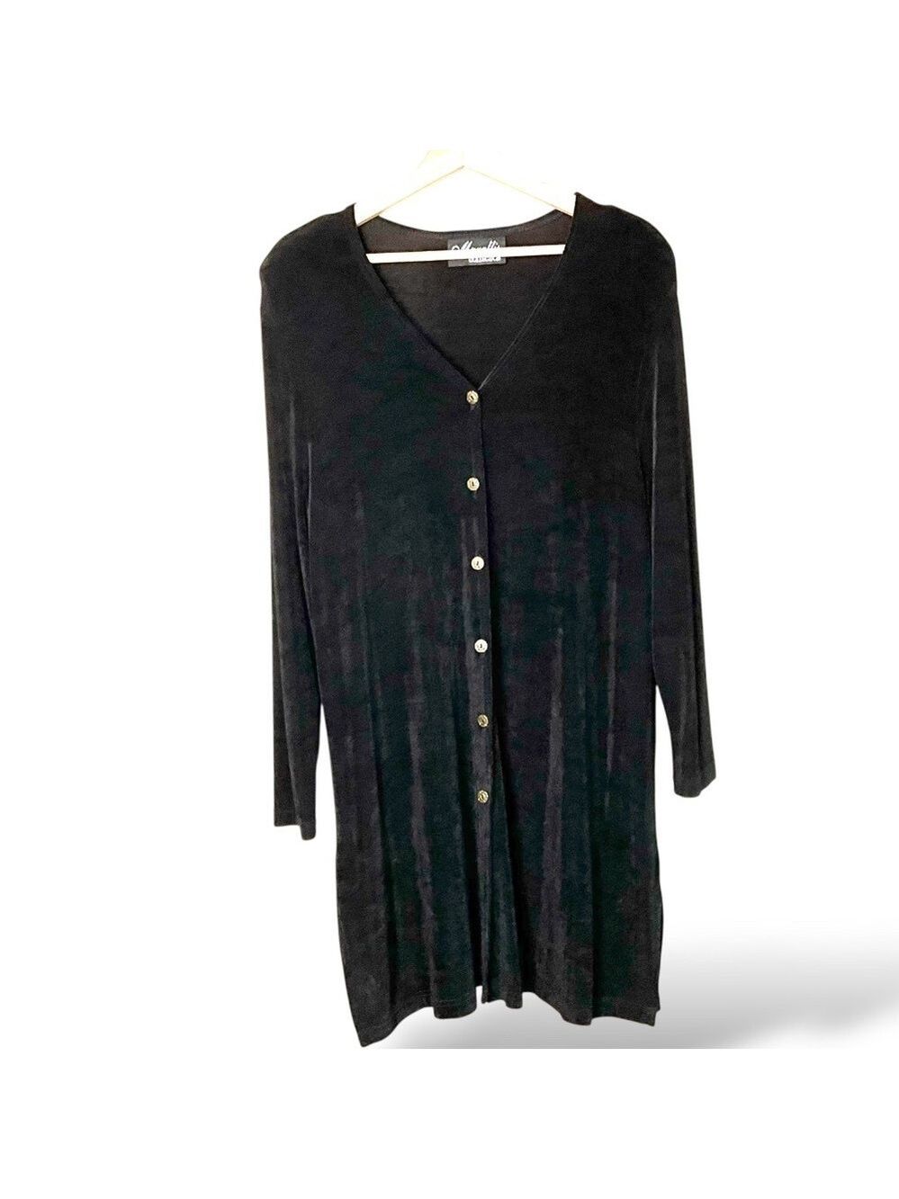 MARALLIS COLLECTION Jersey Knit Black Long Line Button Front Cardigan US Sz L - Picture 3 of 9
